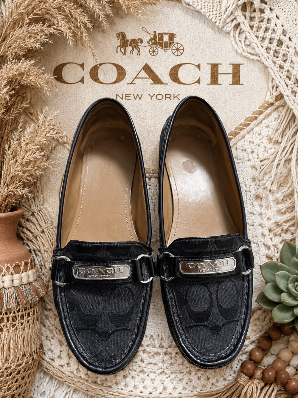 Coach Black Signature Canvas Penny Loafers with Silver Plaque